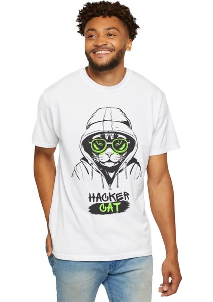 Hacker Cat Baskılı Pamuklu Oversize Tişört fırsatları