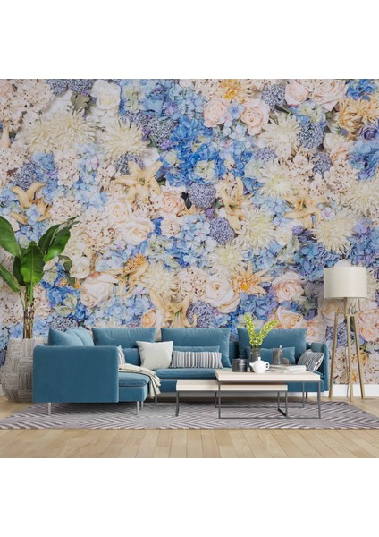 Beyaz Mavi Çiçek Desenli Duvar Kağıdı