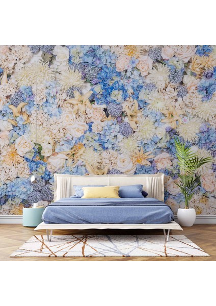Beyaz Mavi Çiçek Desenli Duvar Kağıdı fiyatları