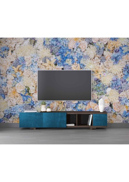 Beyaz Mavi Çiçek Desenli Duvar Kağıdı modelleri