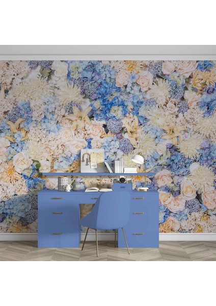 Beyaz Mavi Çiçek Desenli Duvar Kağıdı fırsatları