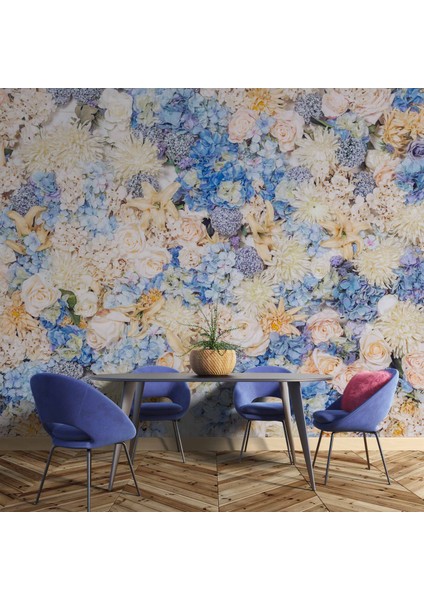 Beyaz Mavi Çiçek Desenli Duvar Kağıdı indirimleri