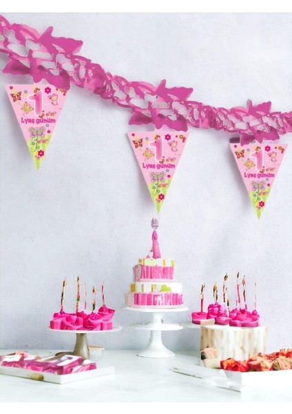1. Yaş Günüm Doğum Günü Kağıt Zincir Süs Pembe 24'lü