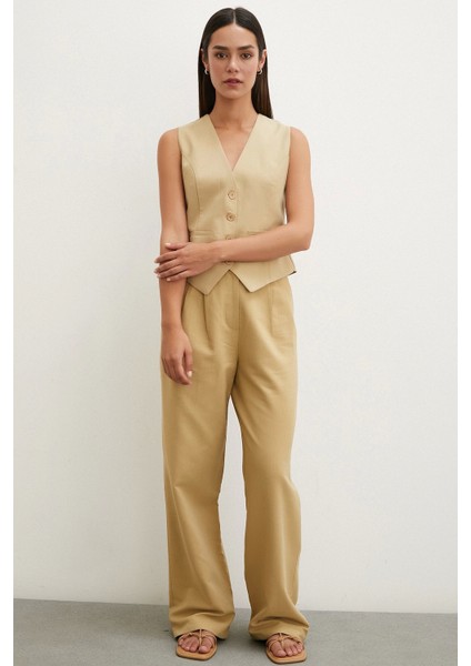 Boru Paça Yüksek Bel Keten Pantolon Camel fırsatları