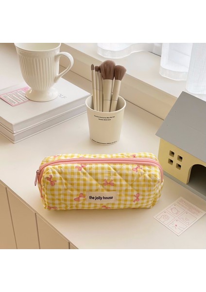 Güzel Görünümlü, Büyük Kapasiteli Kalem Kutusu, Ekose Fiyonklu Saklama Çantası, Kozmetik Çantası, Kız Kırtasiye Kutusu (Yurt Dışından)