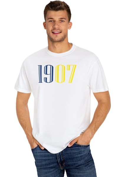 Sarı Lacivert 1907 Baskılı Pamuklu Beyaz Unisex Oversize Tişört