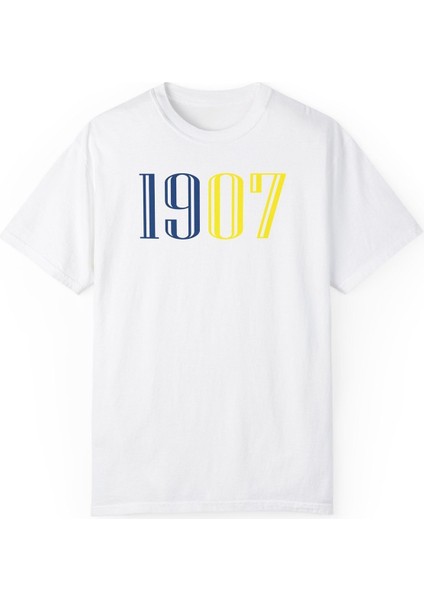 Sarı Lacivert 1907 Baskılı Pamuklu Beyaz Unisex Oversize Tişört fiyatları