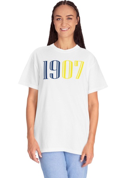 Sarı Lacivert 1907 Baskılı Pamuklu Beyaz Unisex Oversize Tişört modelleri