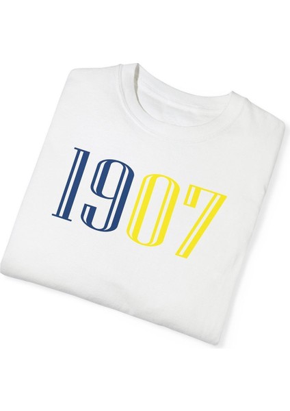 Sarı Lacivert 1907 Baskılı Pamuklu Beyaz Unisex Oversize Tişört fırsatları