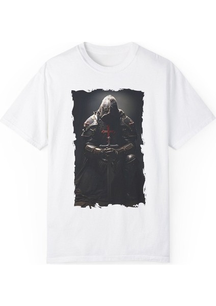 Tapınak Şovalye Baskılı Pamuklu Beyaz Unisex Oversize Tişört