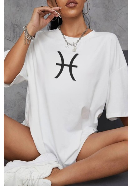 Balık Burcu Simgeli Baskılı Pamuklu Unisex Oversize Tişört