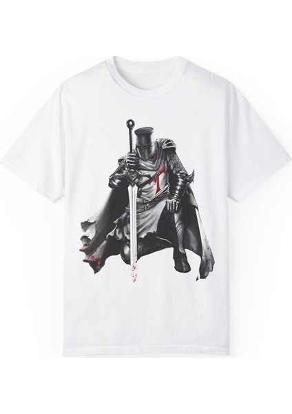 Tapınak Şovalye Baskılı Pamuklu Beyaz Unisex Oversize Tişört