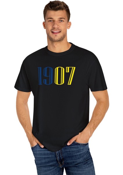 Sarı Lacivert 1907 Baskılı Pamuklu Beyaz Unisex Oversize Tişört
