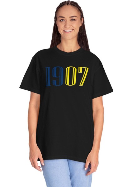 Sarı Lacivert 1907 Baskılı Pamuklu Beyaz Unisex Oversize Tişört fiyatları