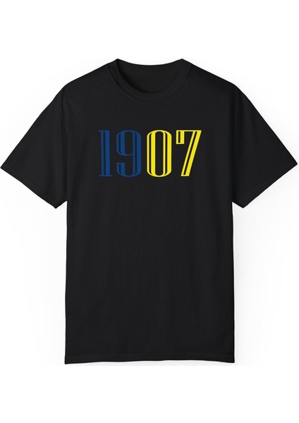 Sarı Lacivert 1907 Baskılı Pamuklu Beyaz Unisex Oversize Tişört modelleri