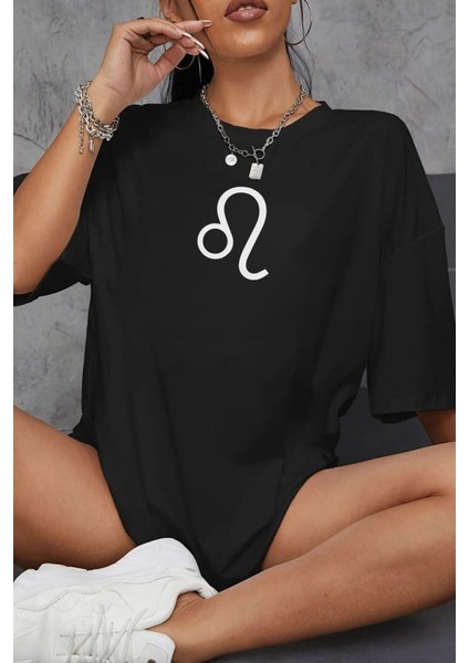 Aslan Burcu Simgeli Baskılı Pamuklu Unisex Oversize Tişört