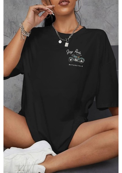 Motor Temalı Baskılı Unisex Oversize Pamuklu Tişört