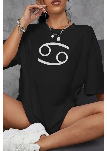 Yengeç Burcu Simgeli Baskılı Pamuklu Unisex Oversize Tişört