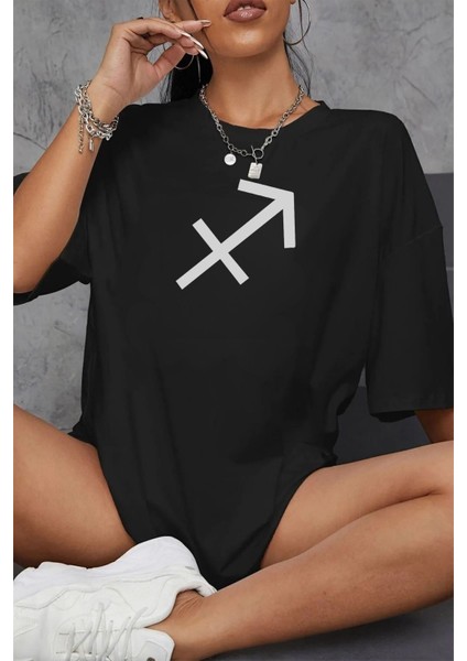Yay Burcu Simgeli Baskılı Pamuklu Unisex Oversize Tişört fırsatları