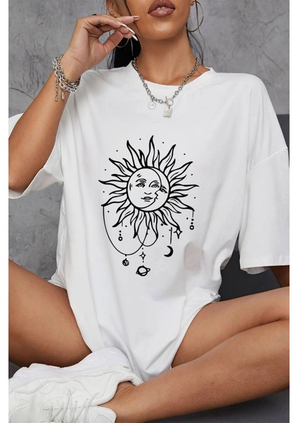 Güneş Baskılı Pamuklu Unisex Oversize Tişört