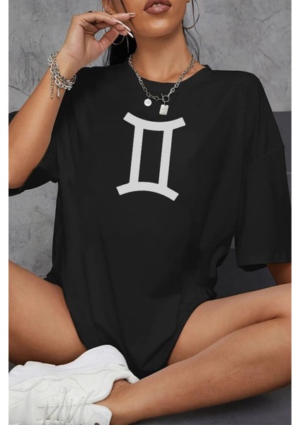 Ikizler Burcu Simgeli Baskılı Pamuklu Unisex Oversize Tişört modelleri