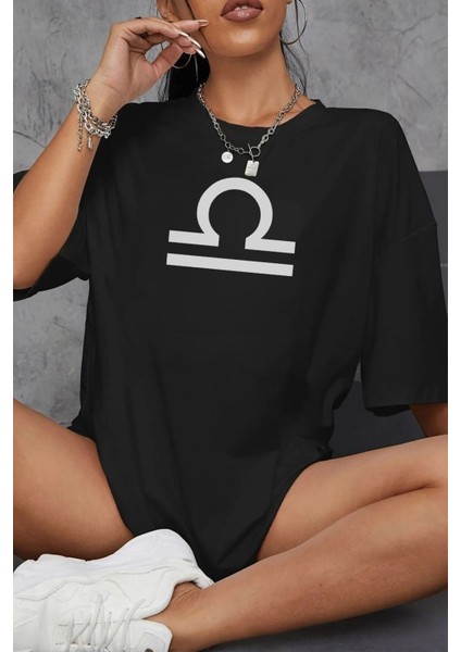 Terazi Burcu Simgeli Baskılı Pamuklu Unisex Oversize Tişört