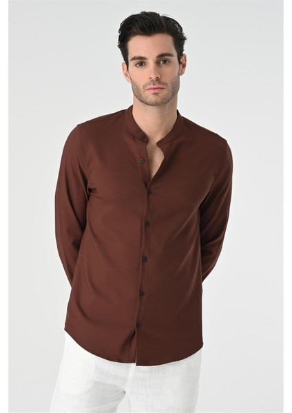 Kahve Regular Fit Hakim Yaka Erkek Gömlek