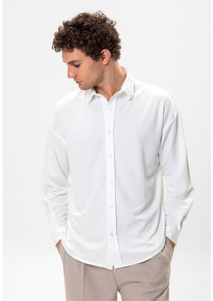 Ekru Oversize Klasik Erkek Gömlek