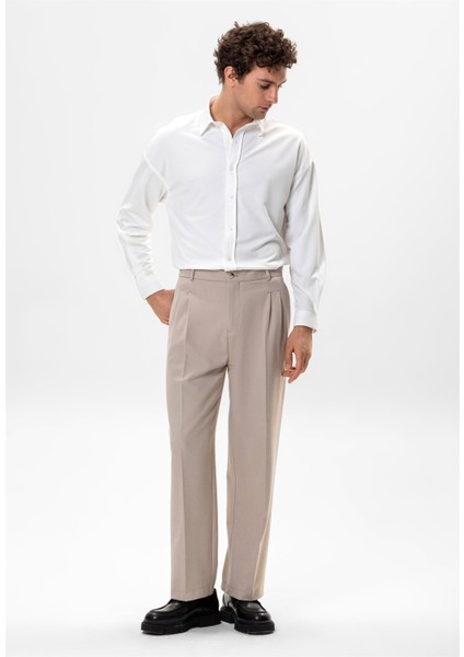 Ekru Oversize Klasik Erkek Gömlek