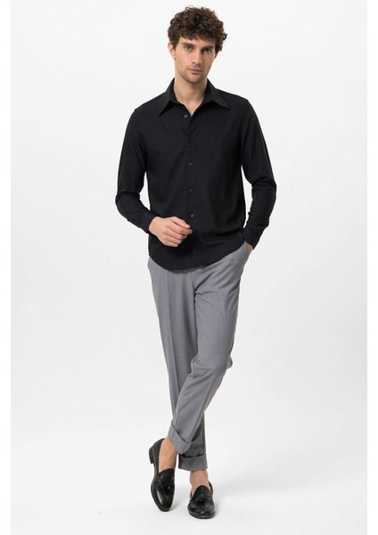 Siyah Slim Fit Erkek Uzun Kollu Geniş Yaka Gömlek