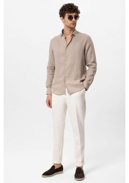 Bej Yaka Düğme Detaylı %100 Keten Erkek Gömlek