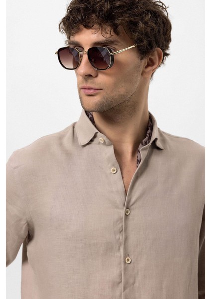 Bej Yaka Düğme Detaylı %100 Keten Erkek Gömlek