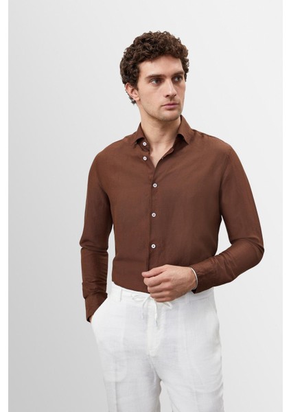 Kahve Yaka Düğme Detaylı %100 Keten Erkek Gömlek