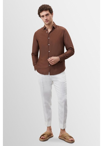 Kahve Yaka Düğme Detaylı %100 Keten Erkek Gömlek