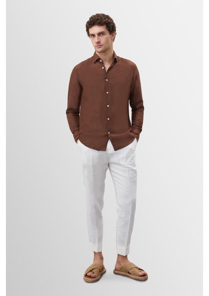 Kahve Yaka Düğme Detaylı %100 Keten Erkek Gömlek