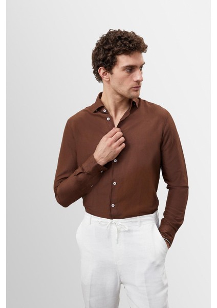Kahve Yaka Düğme Detaylı %100 Keten Erkek Gömlek