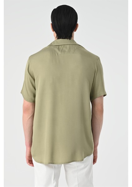 Haki Apaş Yaka Oversize Kısa Kollu Erkek Gömlek