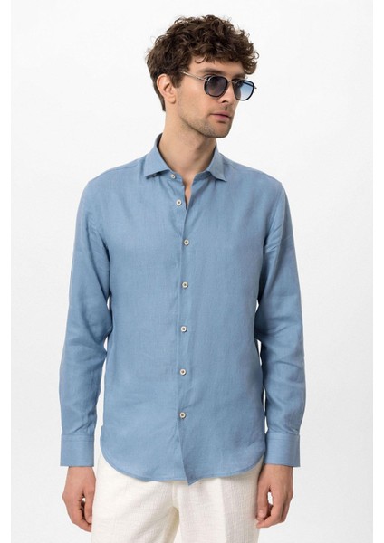 Bebe Mavi Yaka Düğme Detaylı %100 Keten Erkek Gömlek