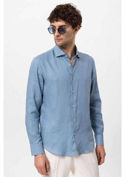 Bebe Mavi Yaka Düğme Detaylı %100 Keten Erkek Gömlek
