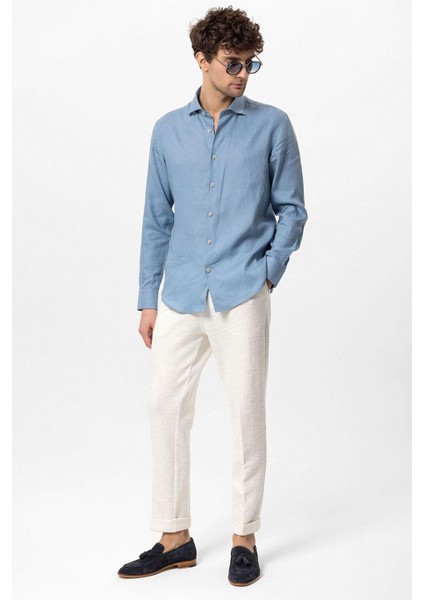 Bebe Mavi Yaka Düğme Detaylı %100 Keten Erkek Gömlek