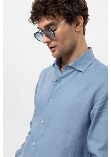 Bebe Mavi Yaka Düğme Detaylı %100 Keten Erkek Gömlek