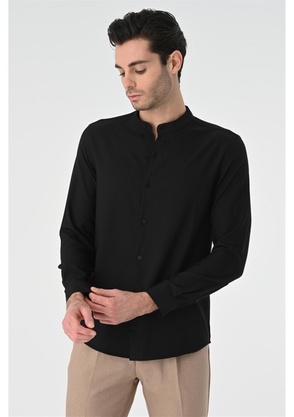 Siyah Regular Fit Hakim Yaka Erkek Gömlek fırsatları