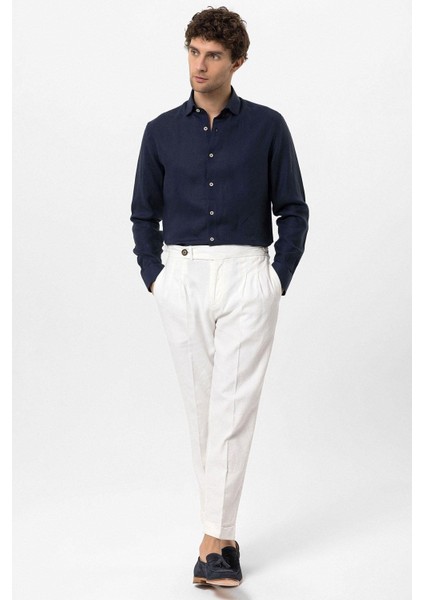 Lacivert Yaka Düğme Detaylı %100 Keten Erkek Gömlek