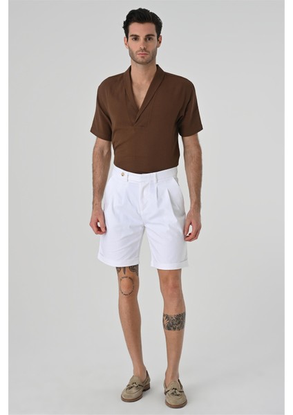 Kahve Relax Fit Şal Yaka Kısa Kollu Erkek Gömlek
