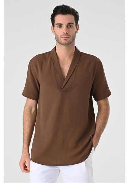Kahve Relax Fit Şal Yaka Kısa Kollu Erkek Gömlek