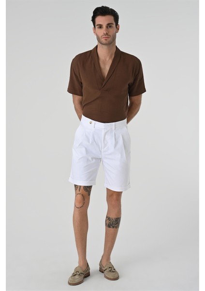 Kahve Relax Fit Şal Yaka Kısa Kollu Erkek Gömlek