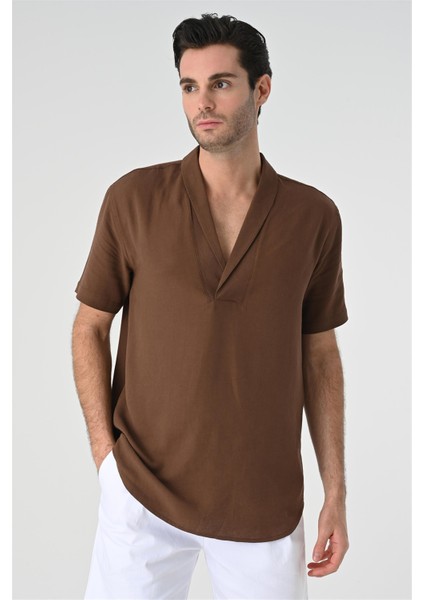 Kahve Relax Fit Şal Yaka Kısa Kollu Erkek Gömlek