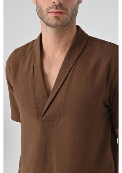 Kahve Relax Fit Şal Yaka Kısa Kollu Erkek Gömlek
