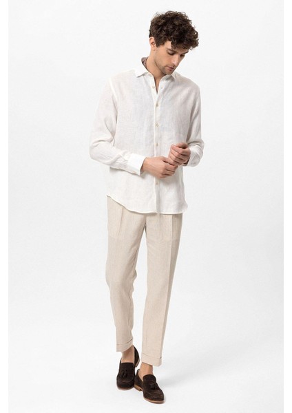 Beyaz Yaka Düğme Detaylı %100 Keten Erkek Gömlek