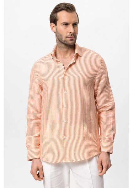 Oranj Çizgili Erkek Gömlek